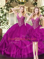 Amazing Fuchsia Sleeveless Beading and Ruffles Floor Length 15th Birthday Dress