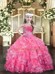 Hot Pink Ball Gowns Organza Straps Sleeveless Beading and Ruffled Layers Floor Length Lace Up Kids Formal Wear