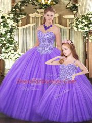 Sweetheart Sleeveless 15 Quinceanera Dress Floor Length Beading Eggplant Purple Tulle