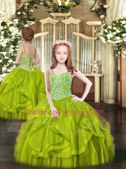 Pretty Tulle Spaghetti Straps Sleeveless Lace Up Beading and Ruffles Little Girls Pageant Gowns in Olive Green