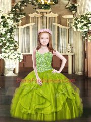 Pretty Tulle Spaghetti Straps Sleeveless Lace Up Beading and Ruffles Little Girls Pageant Gowns in Olive Green