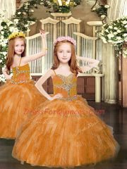 Beautiful Rust Red Spaghetti Straps Lace Up Beading and Ruffles Little Girls Pageant Dress Wholesale Sleeveless