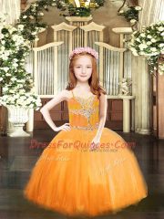 Graceful Floor Length Orange Child Pageant Dress Spaghetti Straps Sleeveless Lace Up
