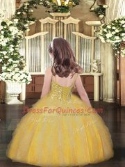 Most Popular Yellow Sleeveless Beading and Ruffles Floor Length Pageant Dress Toddler