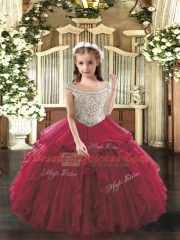 Fuchsia Ball Gowns Off The Shoulder Sleeveless Organza Floor Length Lace Up Beading and Ruffles Little Girl Pageant Dress