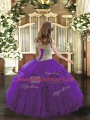 Fuchsia Ball Gowns Off The Shoulder Sleeveless Organza Floor Length Lace Up Beading and Ruffles Little Girl Pageant Dress