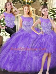 Eggplant Purple Sleeveless Beading and Ruffles Floor Length 15th Birthday Dress