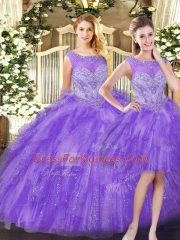 Eggplant Purple Sleeveless Beading and Ruffles Floor Length 15th Birthday Dress