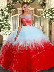 Scoop Sleeveless Quinceanera Gown Floor Length Lace and Ruffles Multi-color Organza