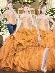 Dramatic Orange Red Organza Lace Up Sweet 16 Quinceanera Dress Sleeveless Floor Length Beading and Ruffles