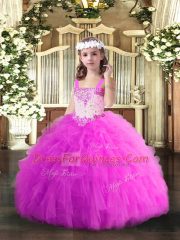 Fuchsia Ball Gowns Tulle Straps Sleeveless Beading and Ruffles Floor Length Lace Up Pageant Dress for Teens