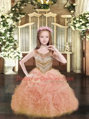 Wonderful Sleeveless Organza Floor Length Lace Up Custom Made Pageant Dress in Orange with Beading and Ruffles and Pick Ups