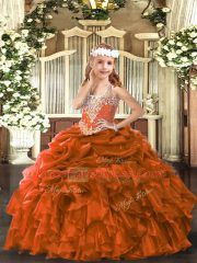 Fancy Floor Length Ball Gowns Sleeveless Rust Red Little Girls Pageant Dress Lace Up