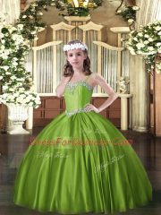 Straps Sleeveless Child Pageant Dress Floor Length Beading Olive Green Satin