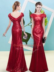 Sequins Homecoming Dress Wine Red Zipper Cap Sleeves Floor Length