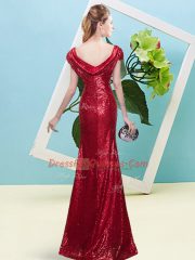 Sequins Homecoming Dress Wine Red Zipper Cap Sleeves Floor Length