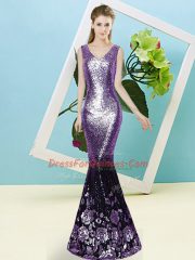 Custom Designed Eggplant Purple V-neck Zipper Sequins Prom Dress Sleeveless