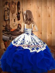 Royal Blue Organza Lace Up Straps Sleeveless Floor Length Little Girls Pageant Dress Embroidery and Ruffles