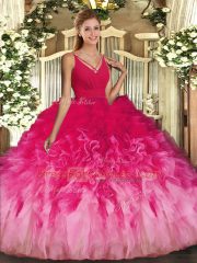 V-neck Sleeveless Quince Ball Gowns Floor Length Beading and Ruffles Multi-color Tulle
