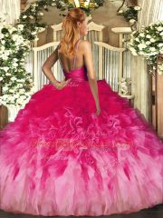 V-neck Sleeveless Quince Ball Gowns Floor Length Beading and Ruffles Multi-color Tulle