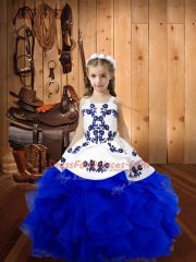 Dramatic Ball Gowns Little Girl Pageant Dress Royal Blue Straps Organza Sleeveless Floor Length Lace Up