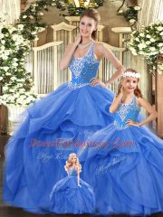 Blue Straps Lace Up Beading and Ruffles Quinceanera Dresses Sleeveless
