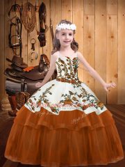 Elegant Rust Red Sleeveless Embroidery Floor Length Evening Gowns