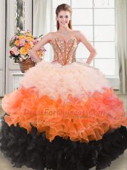 Modest Sleeveless Floor Length Beading and Ruffles Lace Up Vestidos de Quinceanera with Multi-color