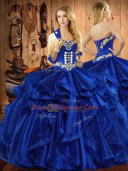 On Sale Royal Blue Ball Gowns Embroidery and Ruffles Quinceanera Dresses Lace Up Organza Sleeveless Floor Length