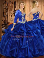 On Sale Royal Blue Ball Gowns Embroidery and Ruffles Quinceanera Dresses Lace Up Organza Sleeveless Floor Length