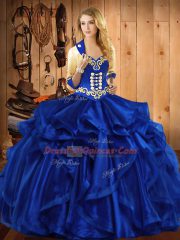 On Sale Royal Blue Ball Gowns Embroidery and Ruffles Quinceanera Dresses Lace Up Organza Sleeveless Floor Length