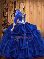 On Sale Royal Blue Ball Gowns Embroidery and Ruffles Quinceanera Dresses Lace Up Organza Sleeveless Floor Length