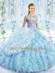 Enchanting Beading and Ruffles and Pick Ups Sweet 16 Dress Blue Lace Up Sleeveless