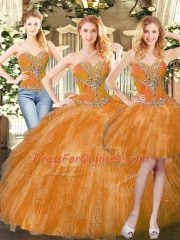 Floor Length Lace Up Quinceanera Gowns Orange Red for Military Ball and Sweet 16 and Quinceanera with Beading and Ruffles