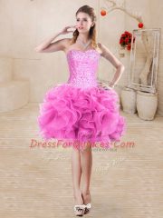 Enchanting Rose Pink Sleeveless Beading and Ruffles Mini Length Prom Evening Gown