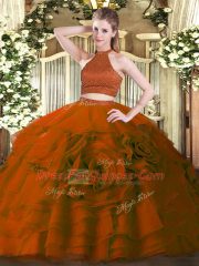 Adorable Rust Red Quinceanera Dress Military Ball and Sweet 16 and Quinceanera with Beading and Ruffles Halter Top Sleeveless Backless