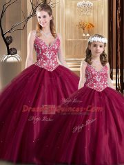 V-neck Sleeveless Tulle Quince Ball Gowns Lace Lace Up