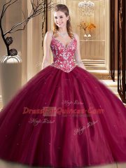 V-neck Sleeveless Tulle Quince Ball Gowns Lace Lace Up