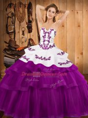 Strapless Sleeveless Quinceanera Gown Sweep Train Embroidery and Ruffled Layers Fuchsia Tulle