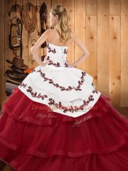 Strapless Sleeveless Quinceanera Gown Sweep Train Embroidery and Ruffled Layers Fuchsia Tulle