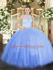 Floor Length Zipper 15th Birthday Dress Blue for Military Ball and Sweet 16 and Quinceanera with Lace