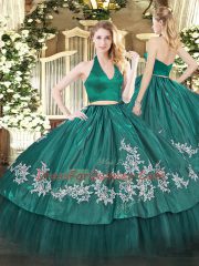 Inexpensive Taffeta Halter Top Sleeveless Zipper Appliques Vestidos de Quinceanera in Dark Green