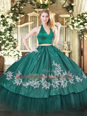 Inexpensive Taffeta Halter Top Sleeveless Zipper Appliques Vestidos de Quinceanera in Dark Green