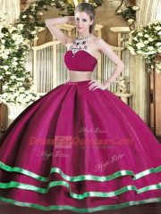 Sleeveless Tulle Floor Length Backless Quinceanera Dresses in Fuchsia with Beading
