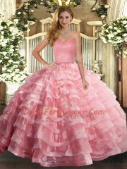 Romantic Ruffled Layers Quince Ball Gowns Watermelon Red Lace Up Sleeveless Floor Length