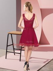 Amazing Wine Red Chiffon Zipper Dama Dress Sleeveless Knee Length Appliques