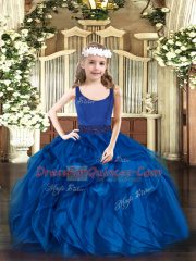 Perfect Organza Scoop Sleeveless Zipper Beading and Ruffles Child Pageant Dress in Blue
