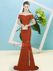 High End Rust Red Mermaid Sequined Off The Shoulder Short Sleeves Sequins Zipper Dress for Prom Sweep Train