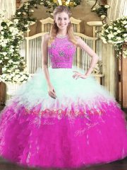 Fashion Multi-color Tulle Zipper Halter Top Sleeveless Floor Length Quinceanera Dresses Beading and Ruffles