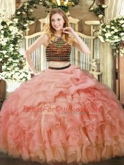 Baby Pink Ball Gowns Halter Top Sleeveless Organza Floor Length Zipper Beading and Ruffles Sweet 16 Dress